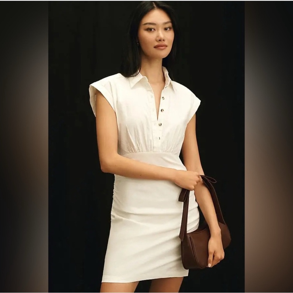Anthropologie Cap-Sleeve Collared Linen Ruched Mini Dress